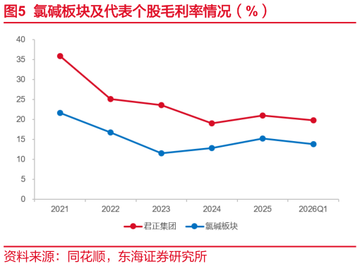 我想了解一下氯碱板块及代表个股毛利率情况（%）