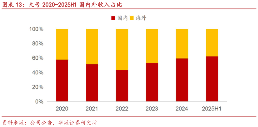 咨询大家九号 2020-2025H1 国内外收入占比