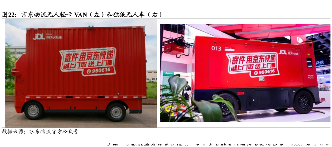怎样理解京东物流无人轻卡 VAN（左）和独狼无人车（右）