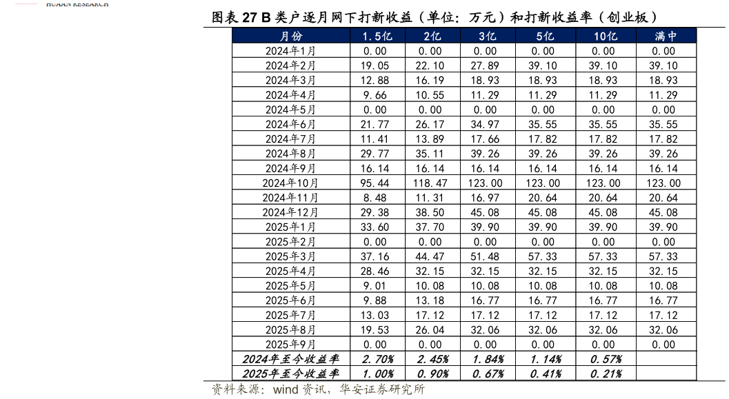 我想了解一下B 类户逐月网下打新收益（单位：万元）和打新收益率（创业板）