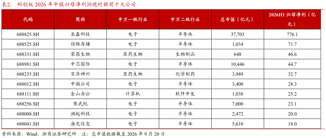 一起讨论下科创板 2026 年中报归母净利润绝对额前十大公司