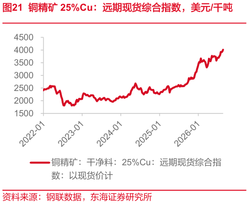 如何看待铜精矿 25%Cu：远期现货综合指数，美元千吨