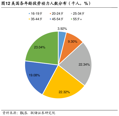 咨询下各位美国各年龄段劳动力人数分布（千人，%）