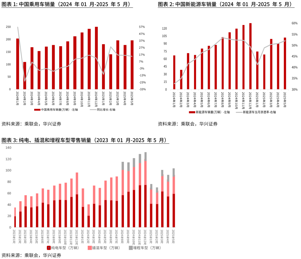 如何解释中国乘用车销量（2024 年01 月-2025 年5 月）中国新能源车销量（2024 年01 月-2025 年5 月）?