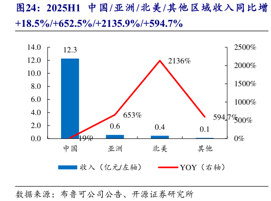 我想了解一下2025H1 中国 亚洲 北美 其他区域收入同比增