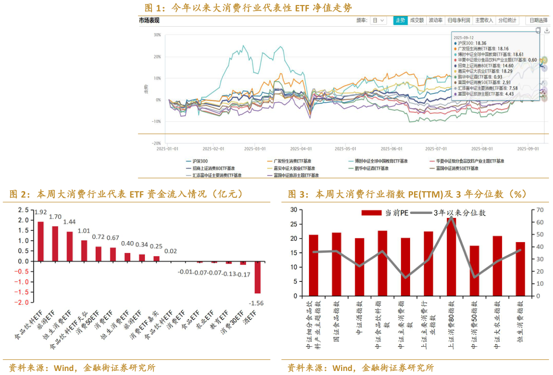 我想了解一下今年以来大消费行业代表性 ETF 净值走势 本周大消费行业代表 ETF 资金流入情况（亿元）