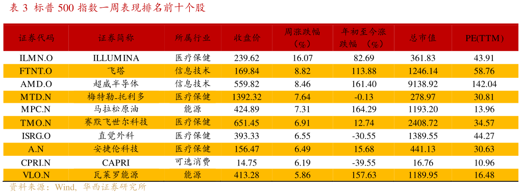 我想了解一下标普 500 指数一周表现排名前十个股