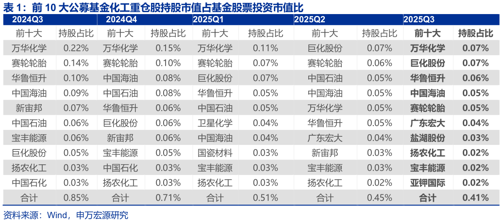 如何了解前 10 大公募基金化工重仓股持股市值占基金股票投资市值比 