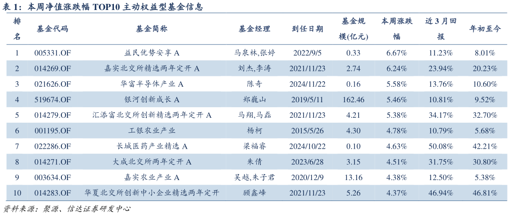 我想了解一下本周净值涨跌幅 TOP10 主动权益型基金信息