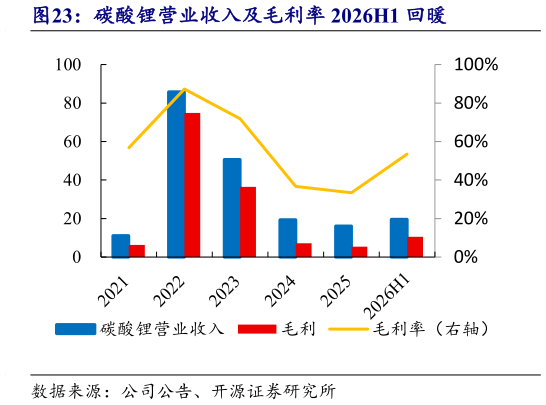 各位网友请教一下碳酸锂营业收入及毛利率 2026H1 回暖?
