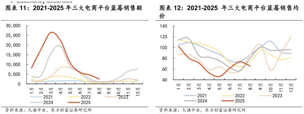 想关注一下2021-2025 年三大电商平台蓝莓销售均