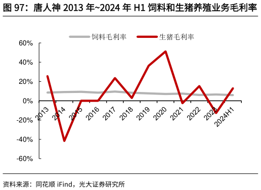 想关注一下唐人神 2013 年2024 年 H1 饲料和生猪养殖业务毛利率