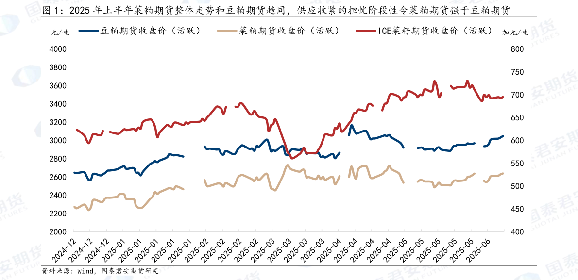 如何解释2025 年上半年菜粕期货整体走势和豆粕期货趋同，供应收紧的担忧阶段性令菜粕期货强于豆粕期货