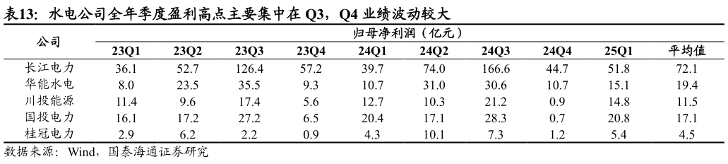 咨询大家水电公司全年季度盈利高点主要集中在 Q3，Q4 业绩波动较大