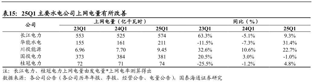 咨询大家25Q1 主要水电公司上网电量有所改善
