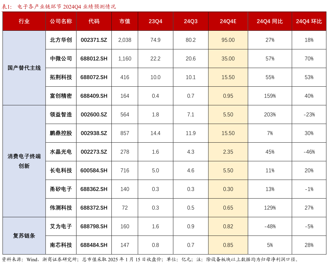 咨询下各位电子各产业链环节 2024Q4 业绩预测情况