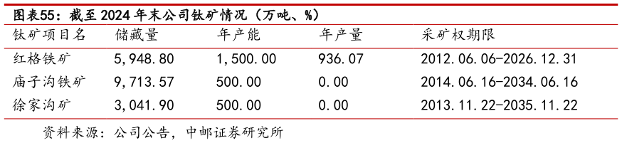 咨询大家截至 2024 年末公司钛矿情况（万吨、%） 