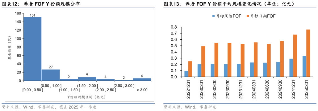 怎样理解养老 FOF Y 份额规模分布 按成立年份计算的 Y 份额养老 FOF 平均规模（亿元） 养老 FOF Y 份额平均规模变化情况（单位：亿元）