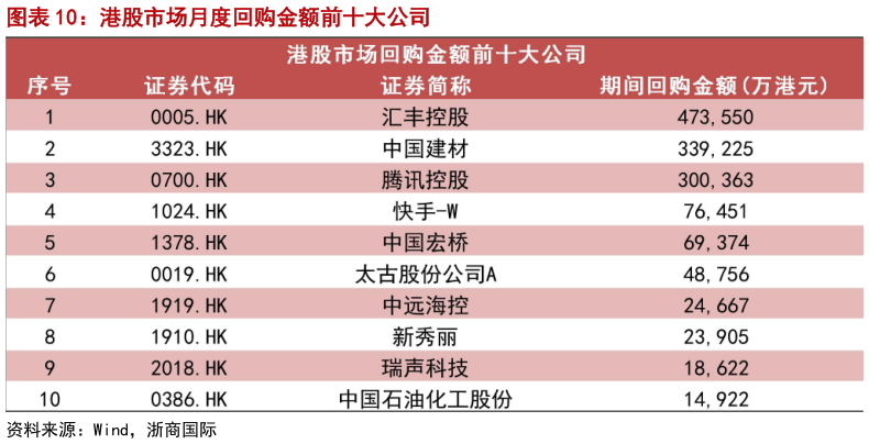 如何才能港股市场月度回购金额前十大公司