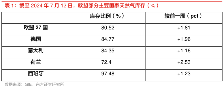 请问一下截至 2024 年 7 月 12 日，欧盟部分主要国家天然气库存（%）