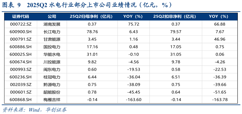 怎样理解2025Q2 水电行业部分上市公司业绩情况（亿元，%）?