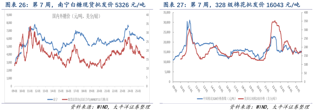 如何解释第 7 周，南宁白糖现货批发价 5326 元吨 第 7 周，328 级棉花批发价 16043 元吨
