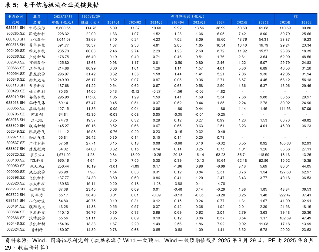 谁能回答电子信息板块企业关键数据