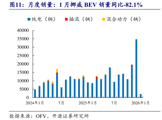 我想了解一下月度销量：1 月挪威 BEV 销量同比-82.1%