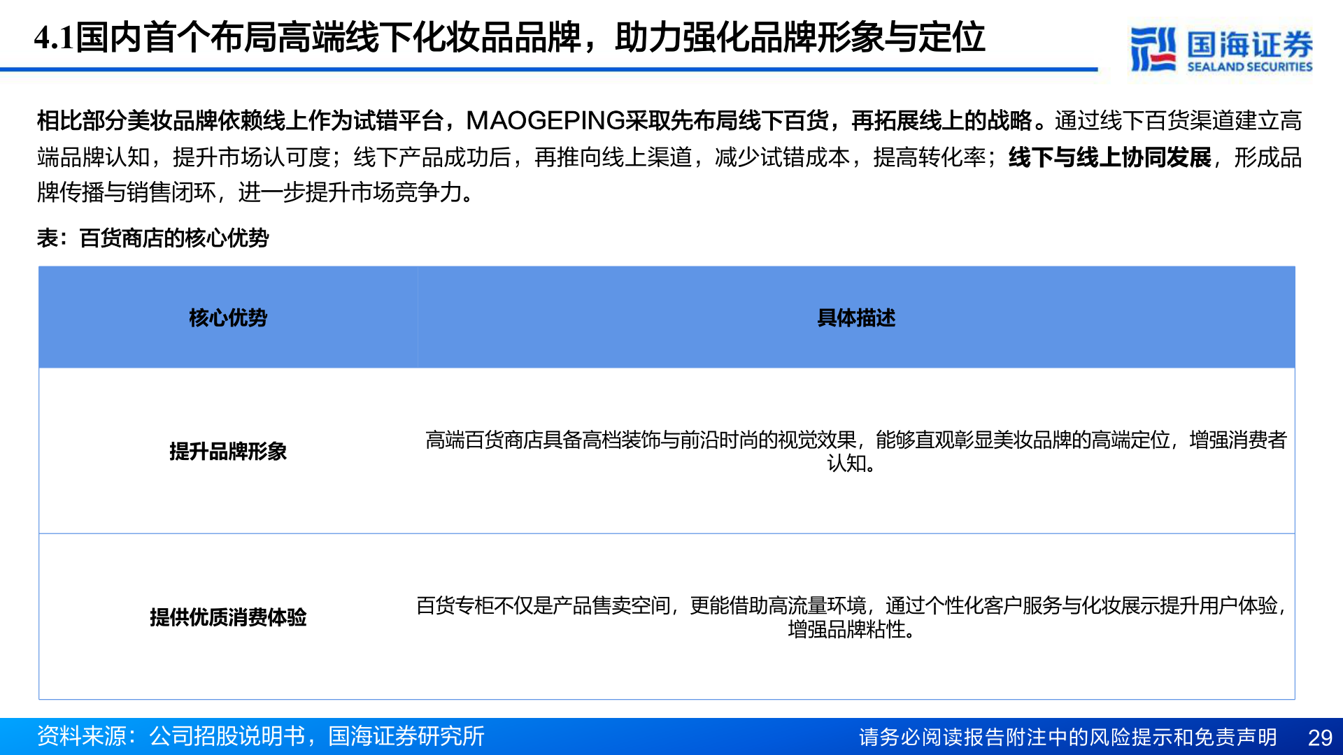 请问一下4.1国内首个布局高端线下化妆品品牌，助力强化品牌形象与定位