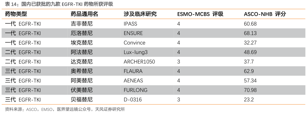 想关注一下国内已获批的九款 EGFR-TKI 药物所获评级