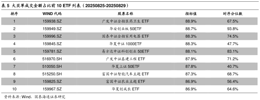 如何看待大买单成交金额占比前 10 ETF 列表（20250825-20250829）