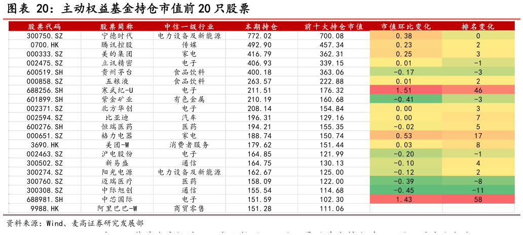 请问一下主动权益基金持仓市值前 20 只股票