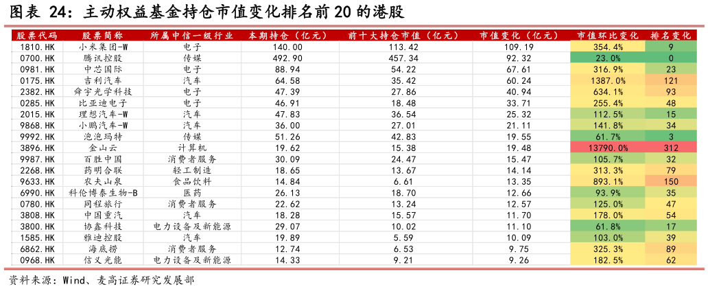 想关注一下主动权益基金持仓市值变化排名前 20 的港股