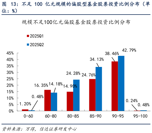 我想了解一下不足 100 亿元规模的偏股型基金股票投资比例分布（单