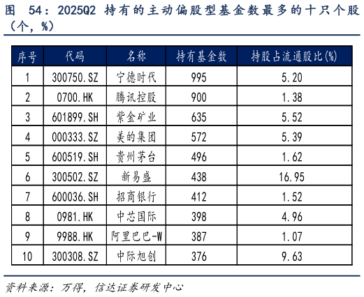 我想了解一下： 2025Q2 持 有 的 主 动 偏 股 型 基 金 数 最 多 的 十 只 个 股