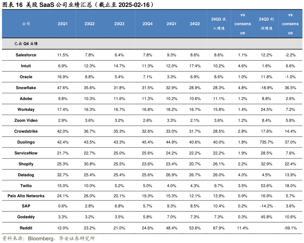 请问一下美股 SaaS 公司业绩汇总（截止至 2025-02-16）?