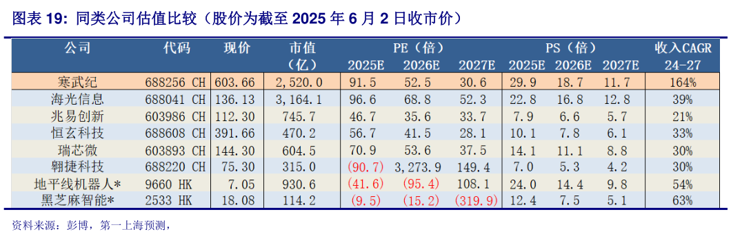如何解释同类公司估值比较（股价为截至 2025 年 6 月 2 日收市价）