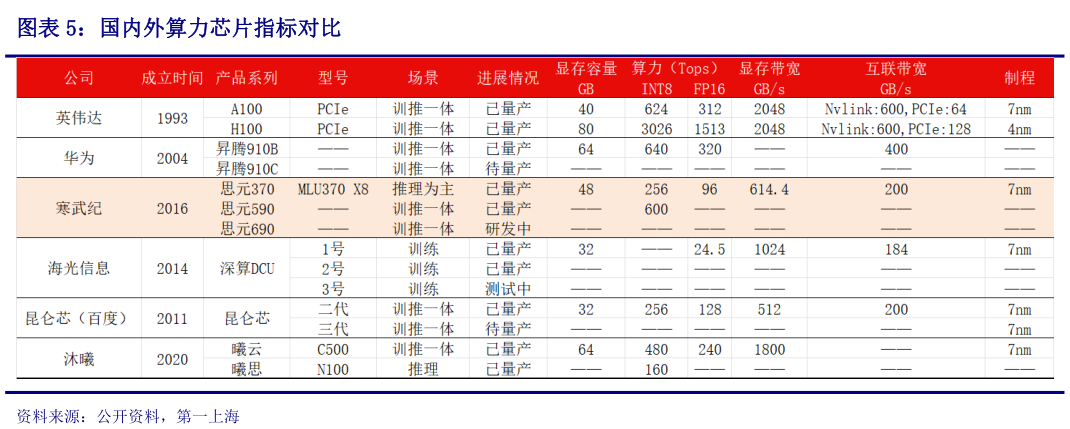 各位网友请教一下国内外算力芯片指标对比