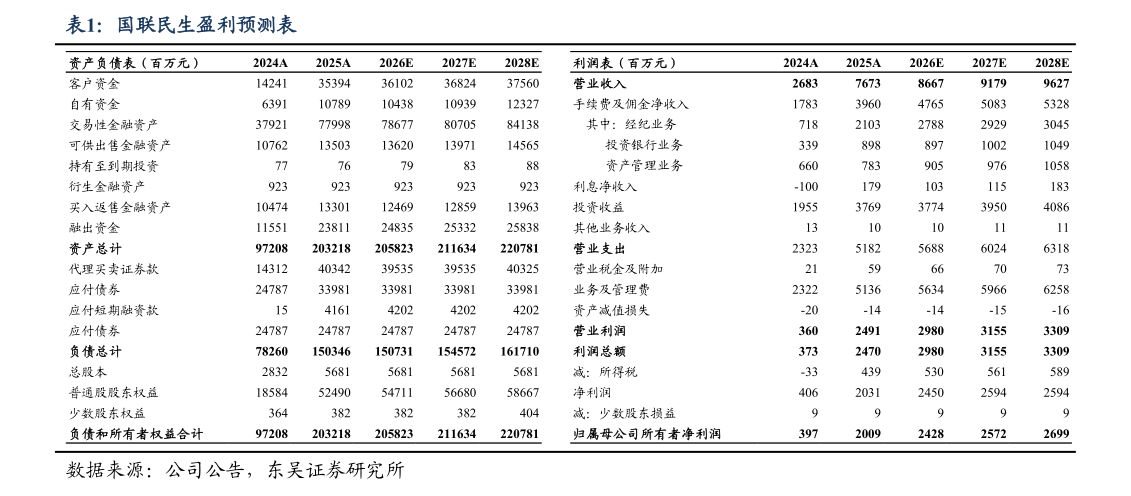 请问一下国联民生盈利预测表