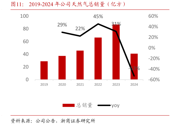 想关注一下2019-2024 年公司天然气总销量（亿方）