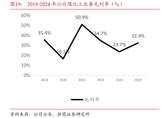 一起讨论下2019-2024 年公司煤化工业务毛利率（%）