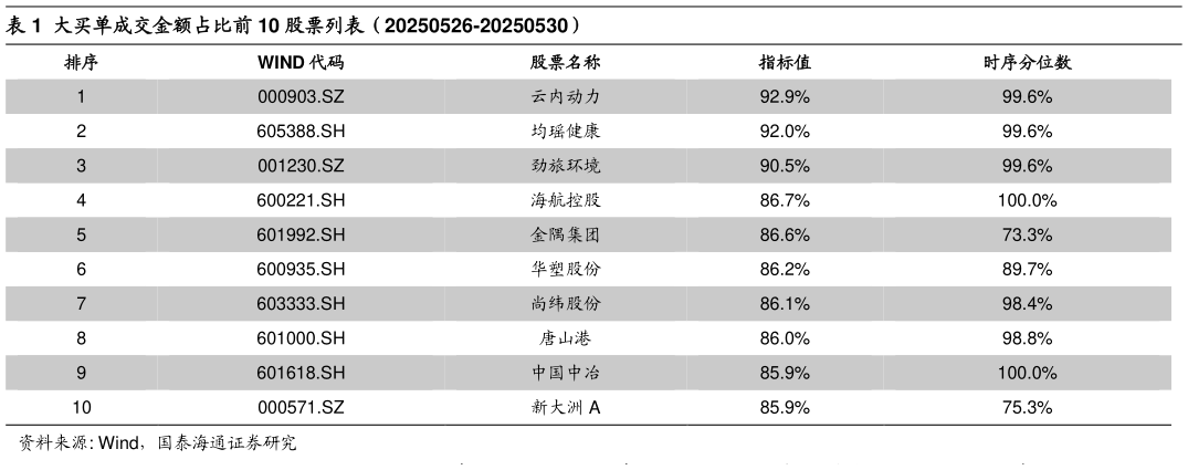想问下各位网友大买单成交金额占比前 10 股票列表(20250526-20250530)?