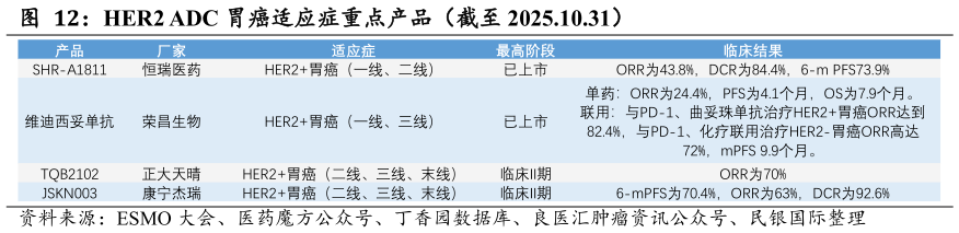 你知道HER2 ADC 胃癌适应症重点产品（截至 2025.10.31）