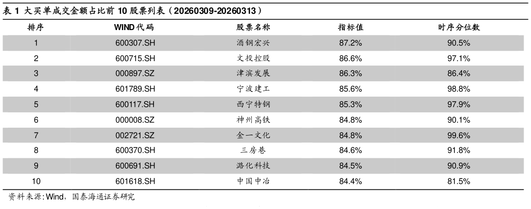 请问一下大买单成交金额占比前 10 股票列表（20260309-20260313）