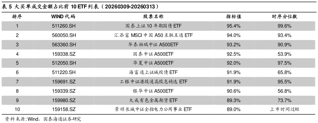 怎样理解大买单成交金额占比前 10 ETF 列表（20260309-20260313）