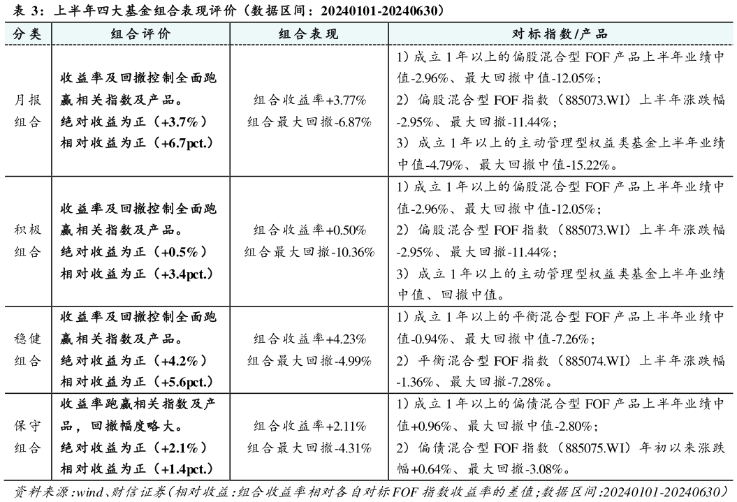 各位网友请教一下上半年四大基金组合表现评价（数据区间：20240101-20240630）