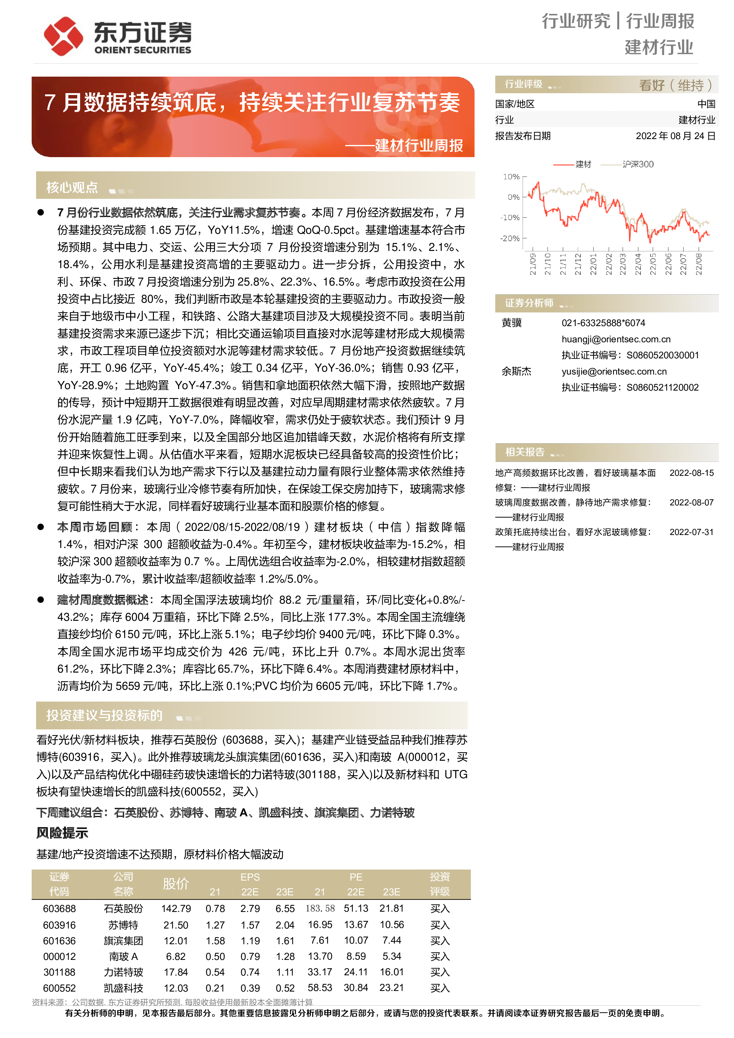 建材行业周报：7月数据持续筑底，持续关注行业复苏节奏 洞见研报 行业报告