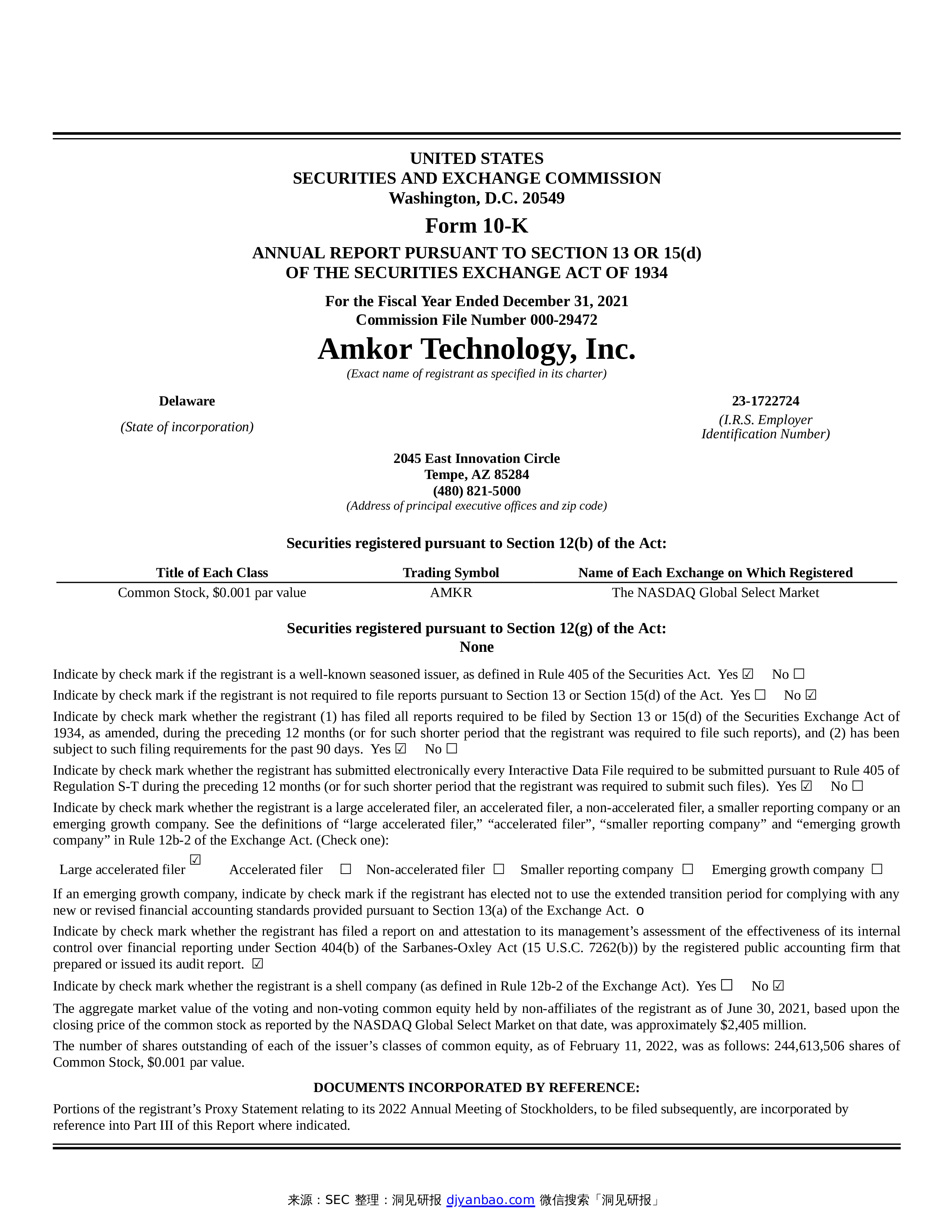 Form 10 K AMKOR TECHNOLOGY INC Form 10 k amkor technology inc