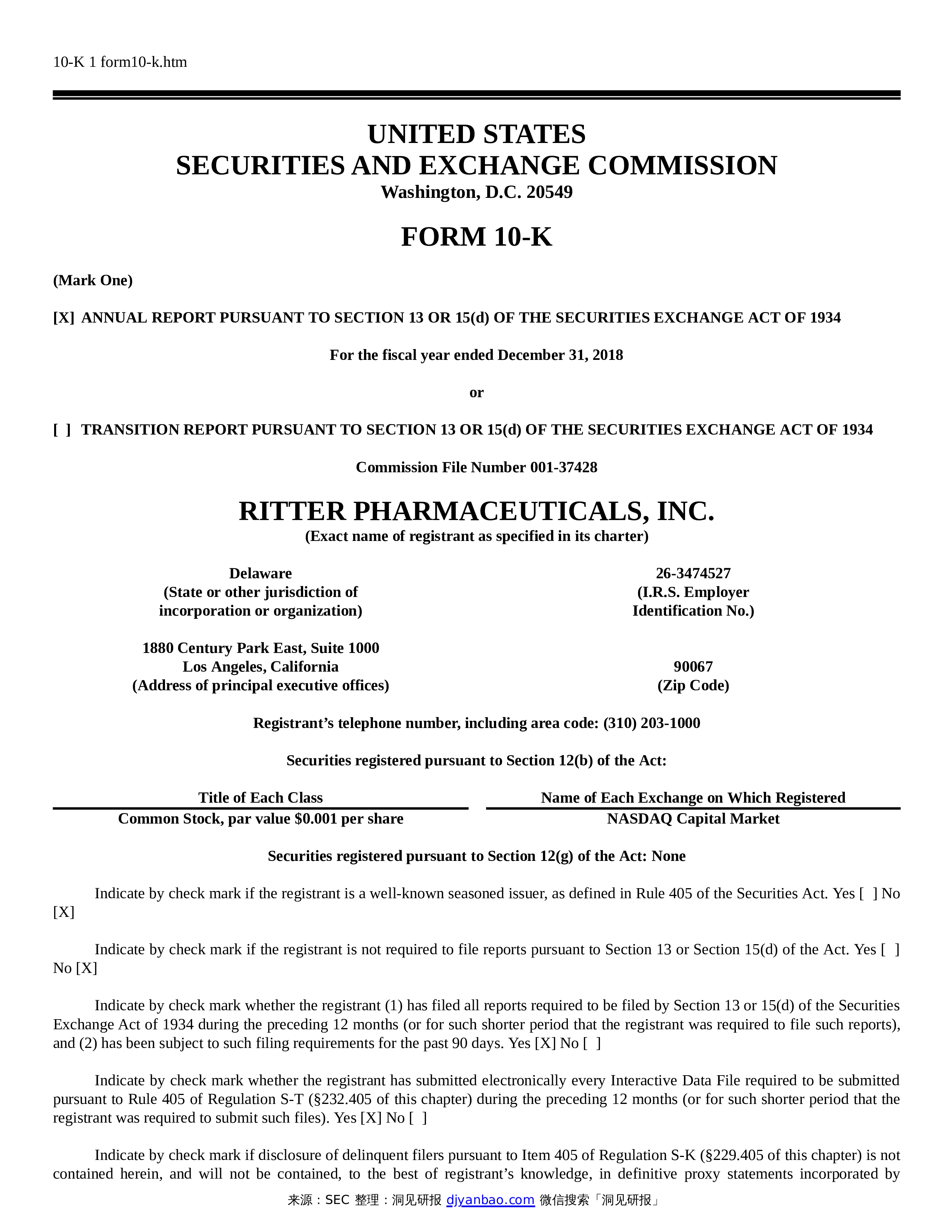  sec form 10 k ritter pharmaceuticals inc