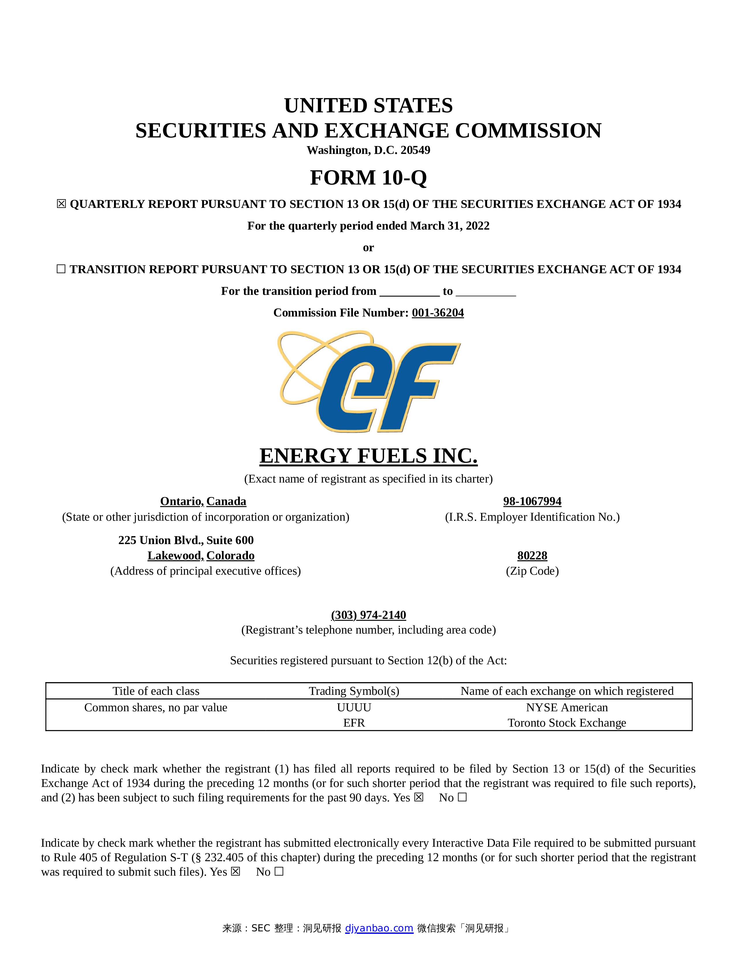 Form 10 Q ENERGY FUELS INC form-10-q-energy-fuels-inc